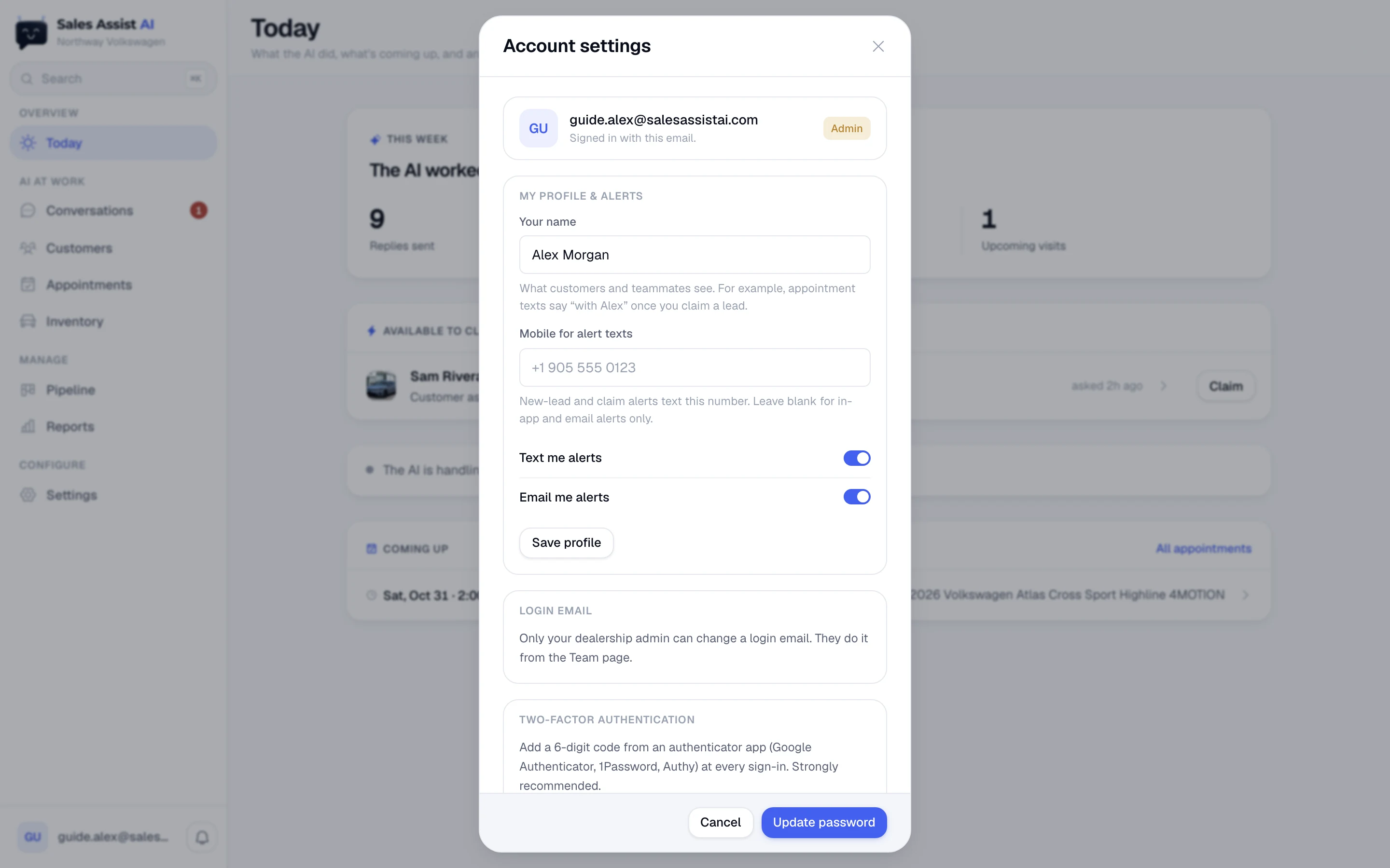 Account settings: My profile and alerts, Change email, Two-factor authentication, Change password
