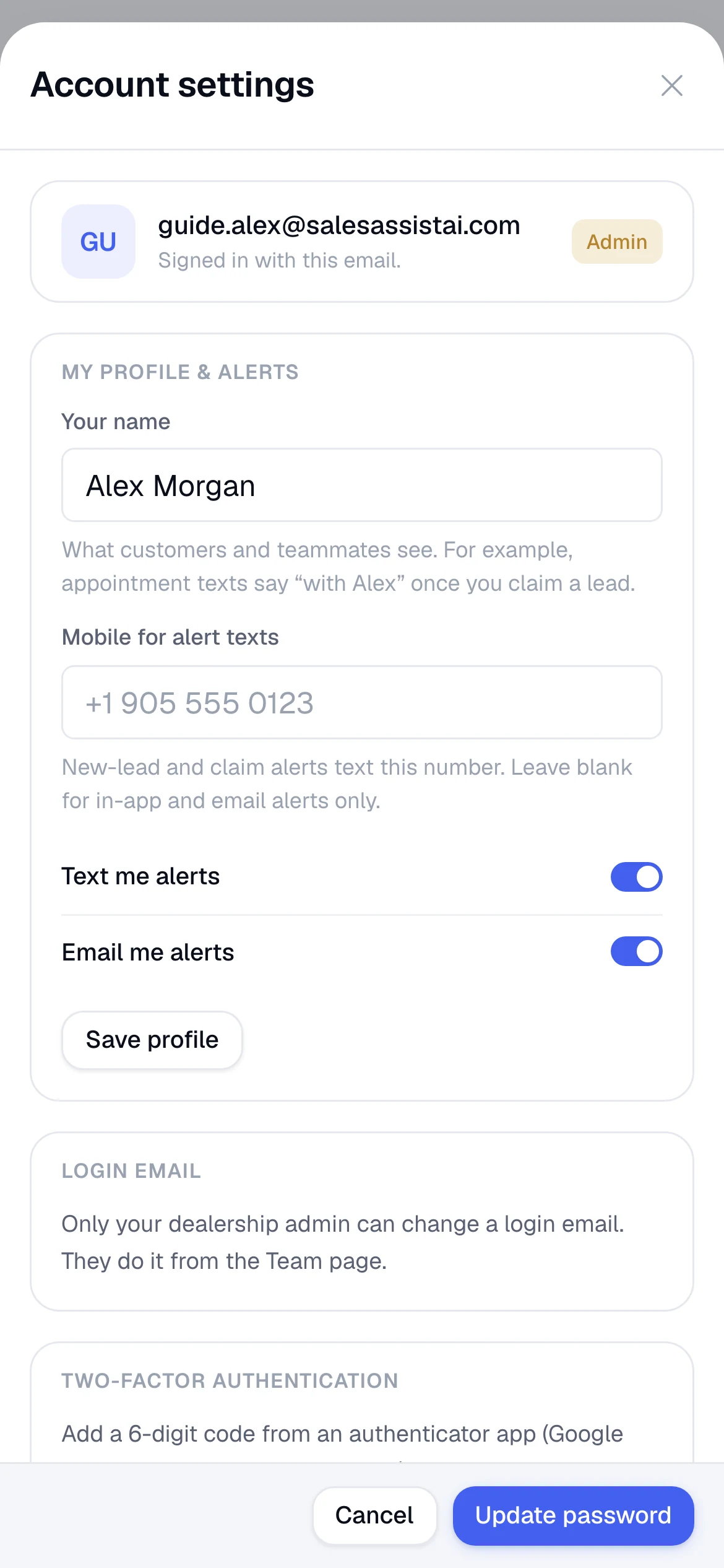 Account settings on a phone