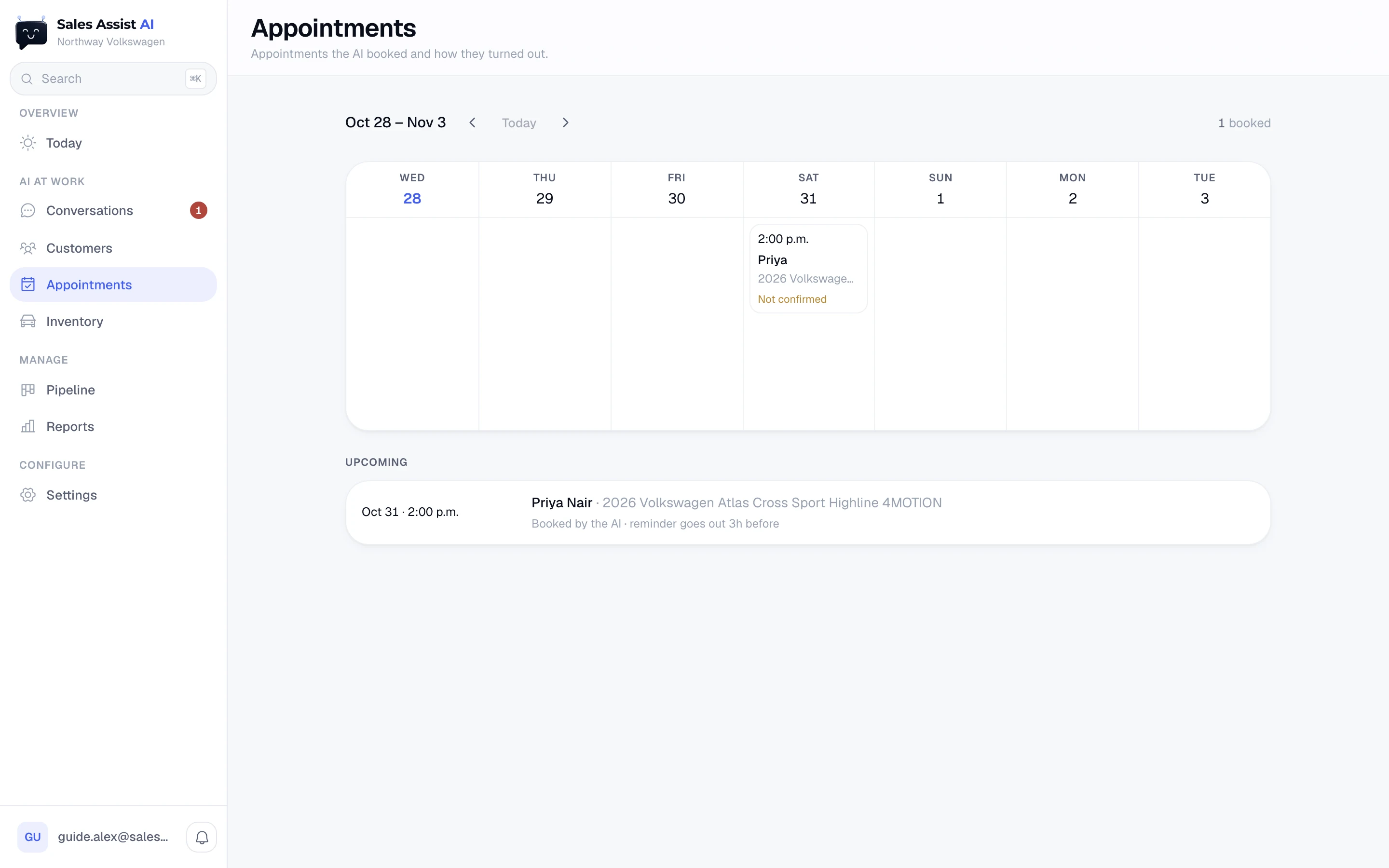 The Appointments week view with one booked test drive on Saturday, and the Upcoming list under it
