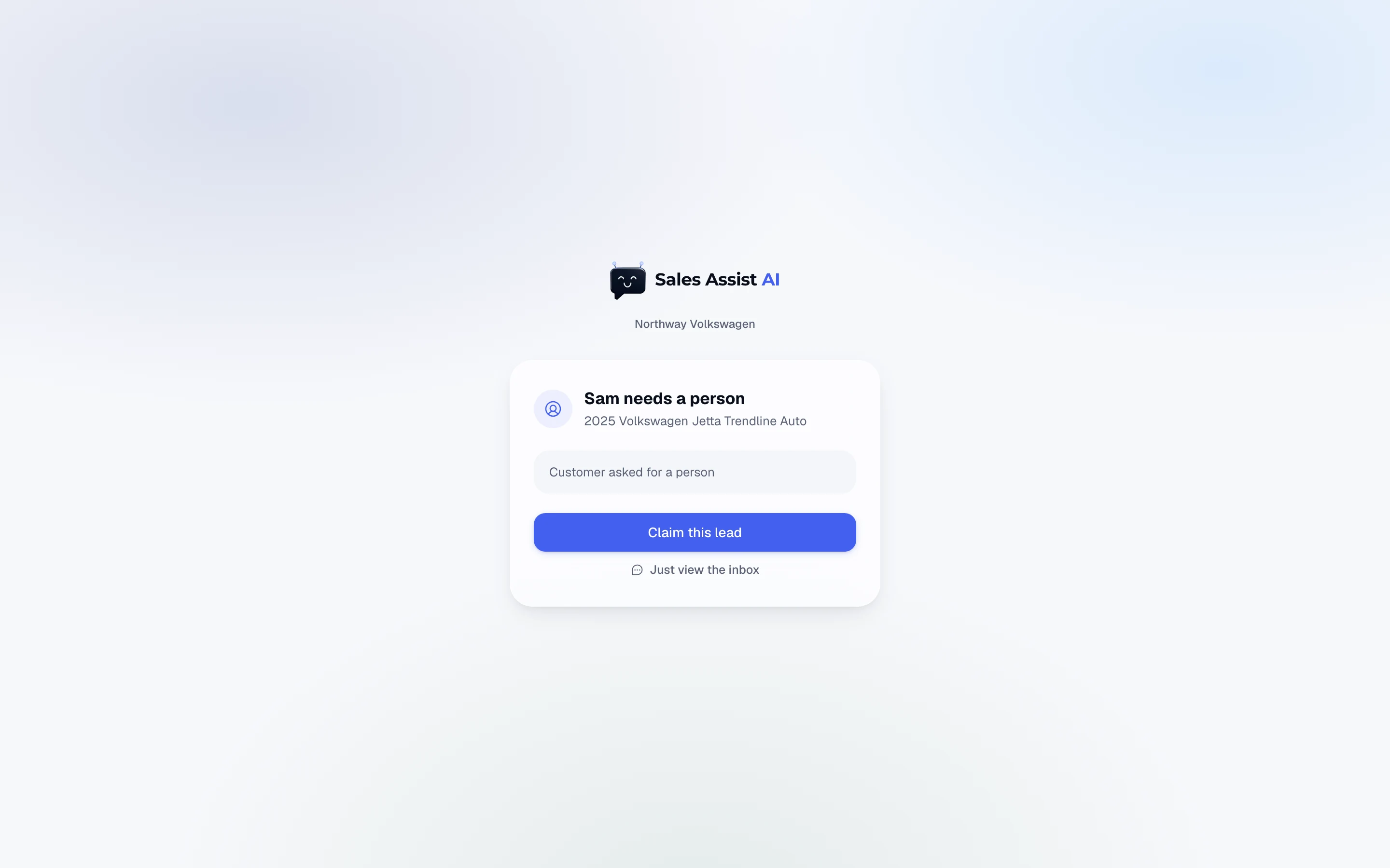 The claim screen: Sam needs a person, the car, the reason, and a Claim this lead button