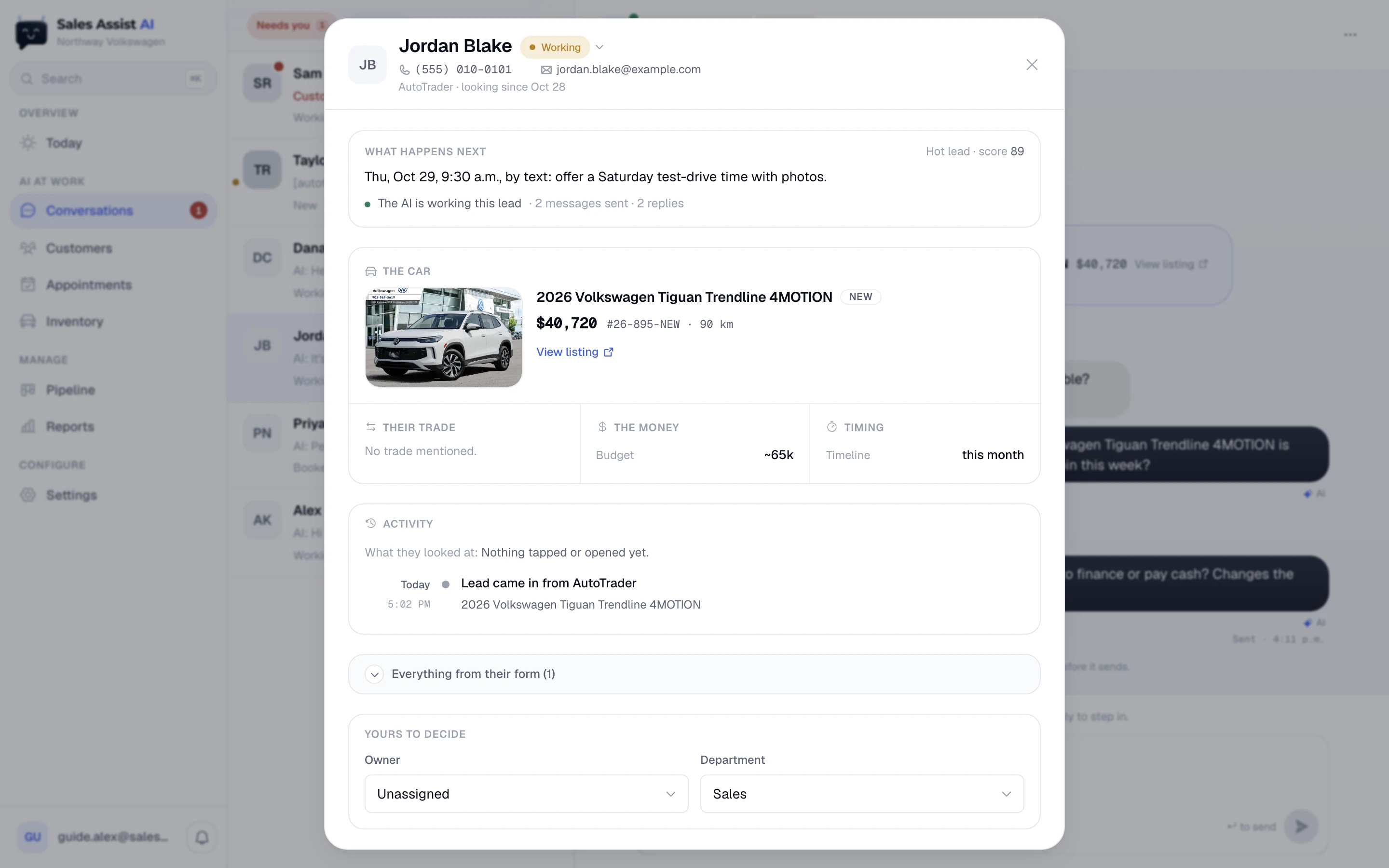 Jordan Blake's customer card: What happens next, The car, Their trade, The money, Timing, Activity, Everything from their form, and Yours to decide