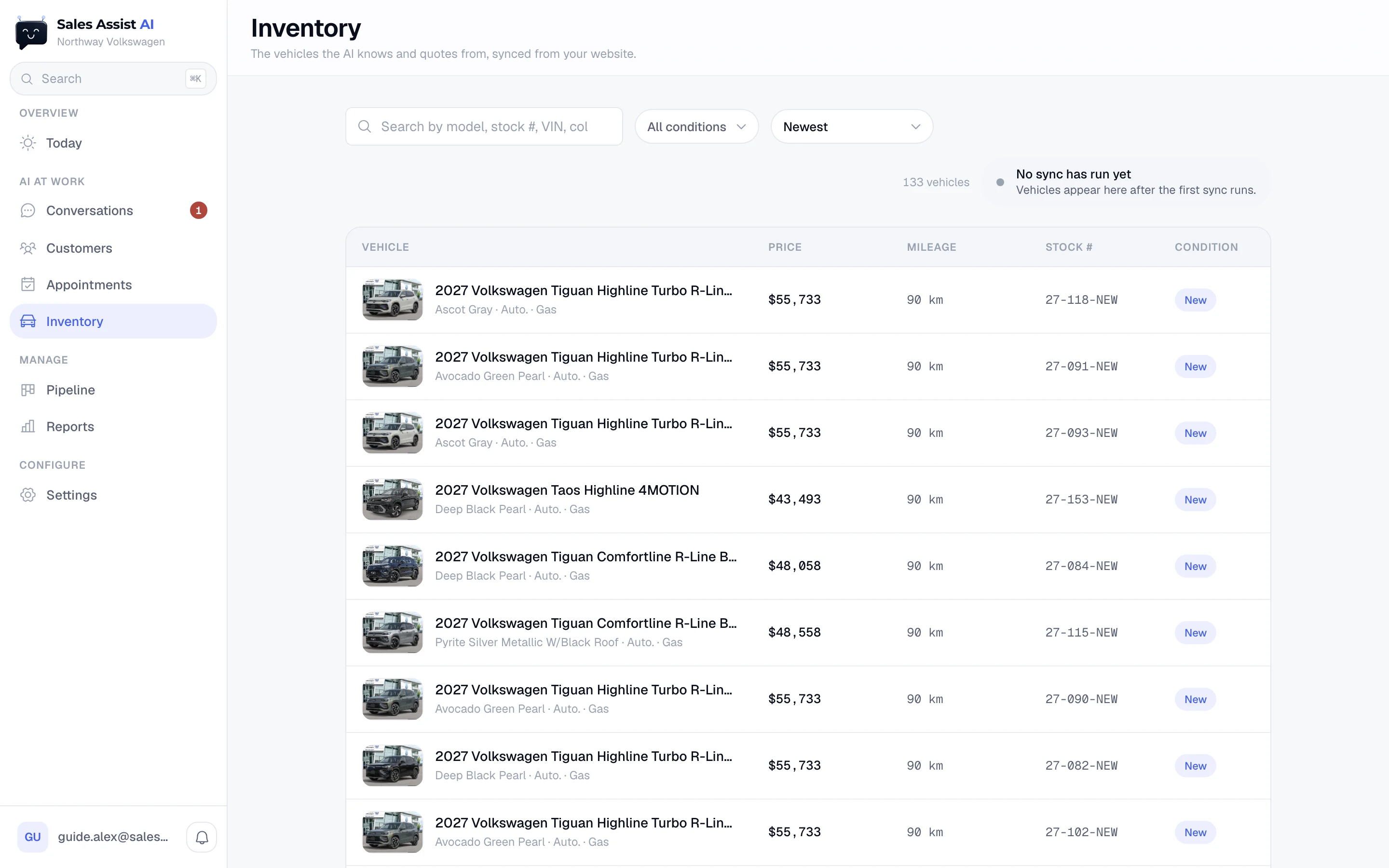 The Inventory list: search, condition and sort controls, the health line, and a table of cars with price, mileage, stock number and condition