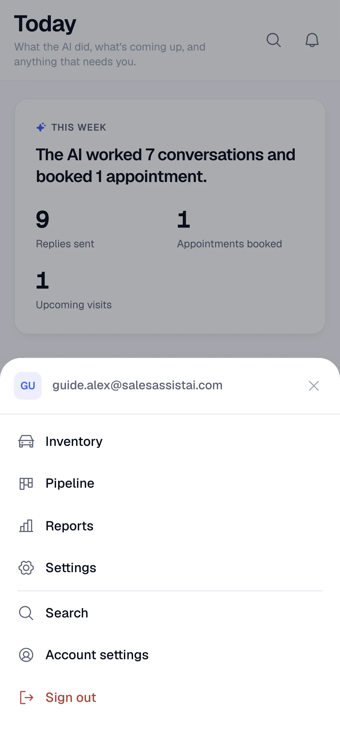 The More sheet on a phone: Inventory, Pipeline, Reports, Settings, Search, Account settings, Sign out