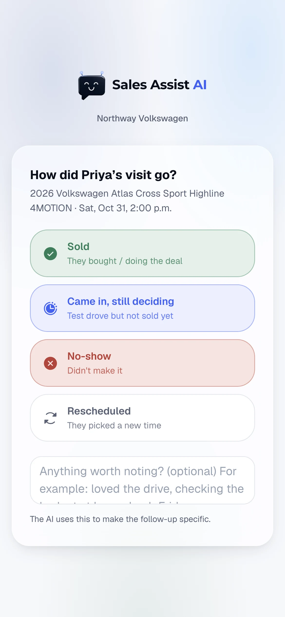 The visit outcome screen on a phone