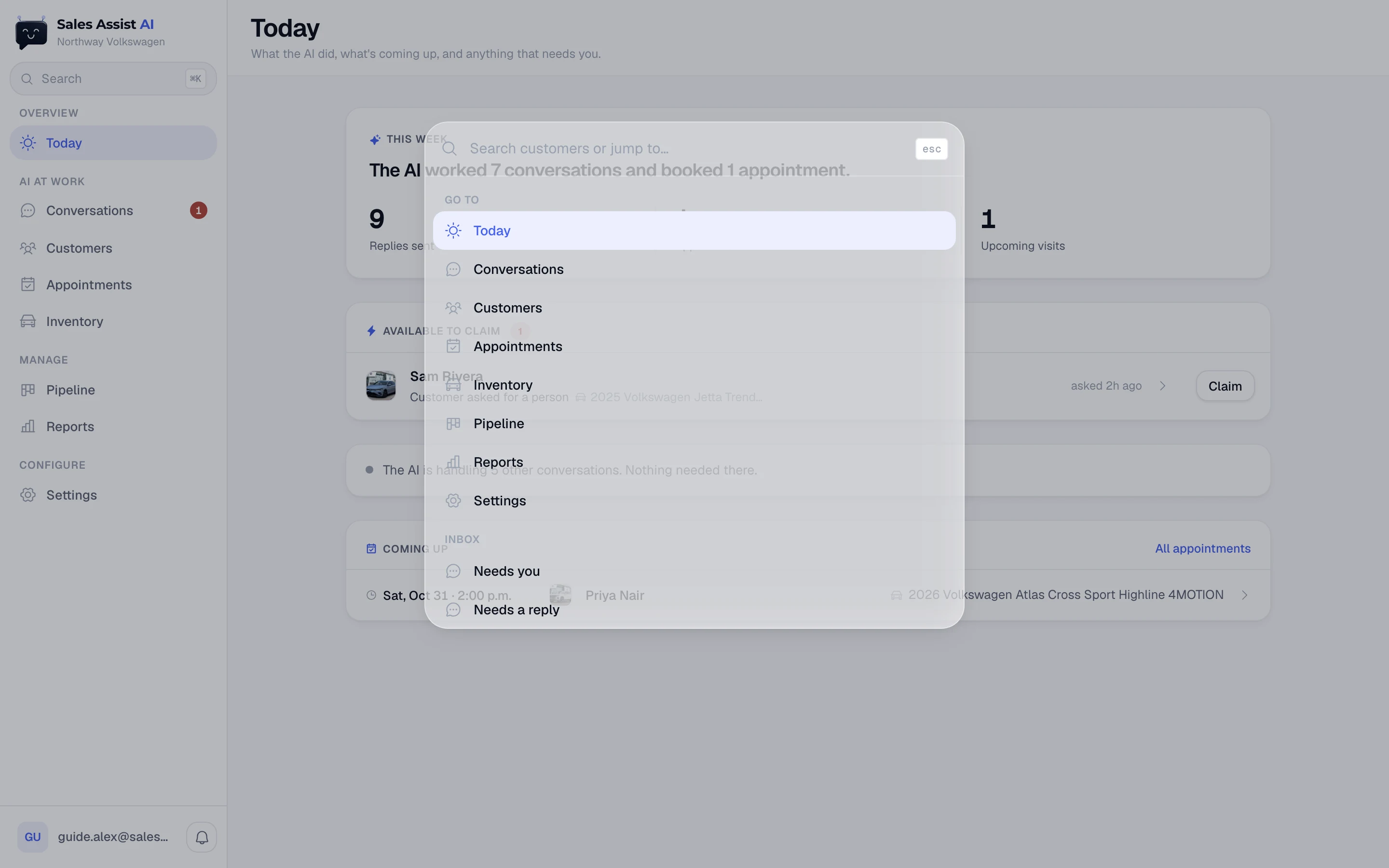 The search palette open over the Today screen, listing screens to jump to and inbox buckets