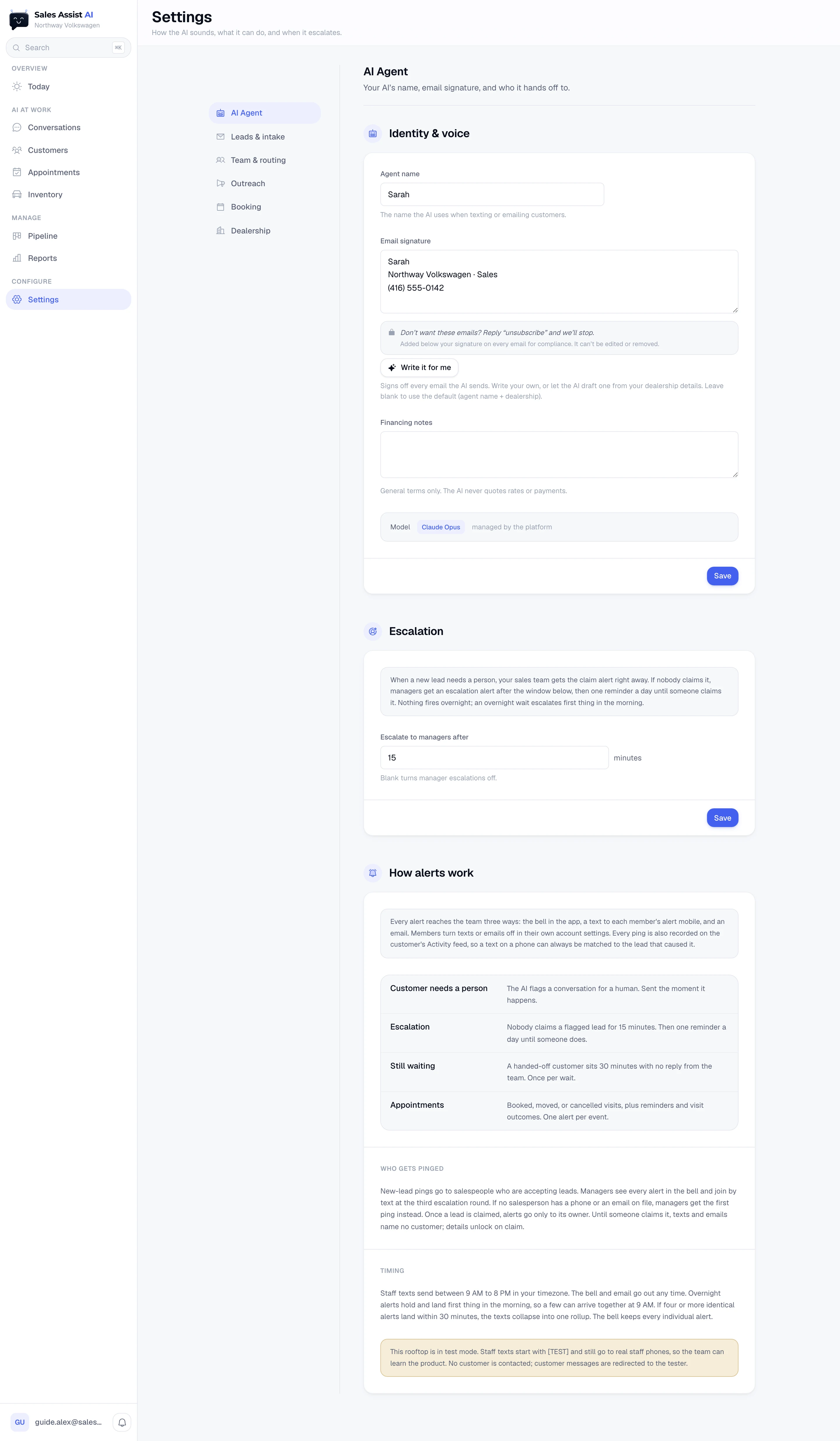 The AI Agent settings page, full length
