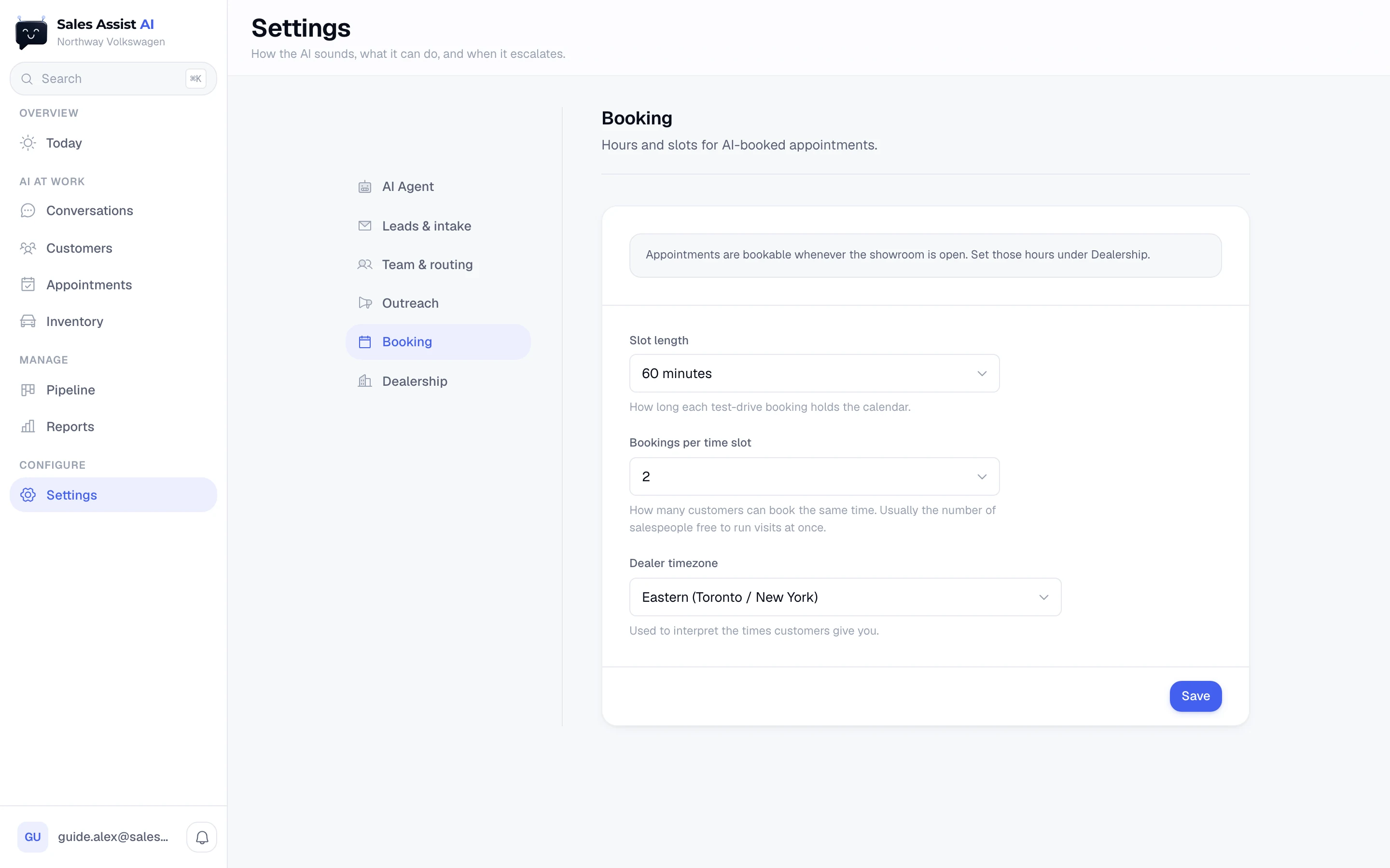 The Booking settings page: slot length, bookings per time slot, dealer timezone