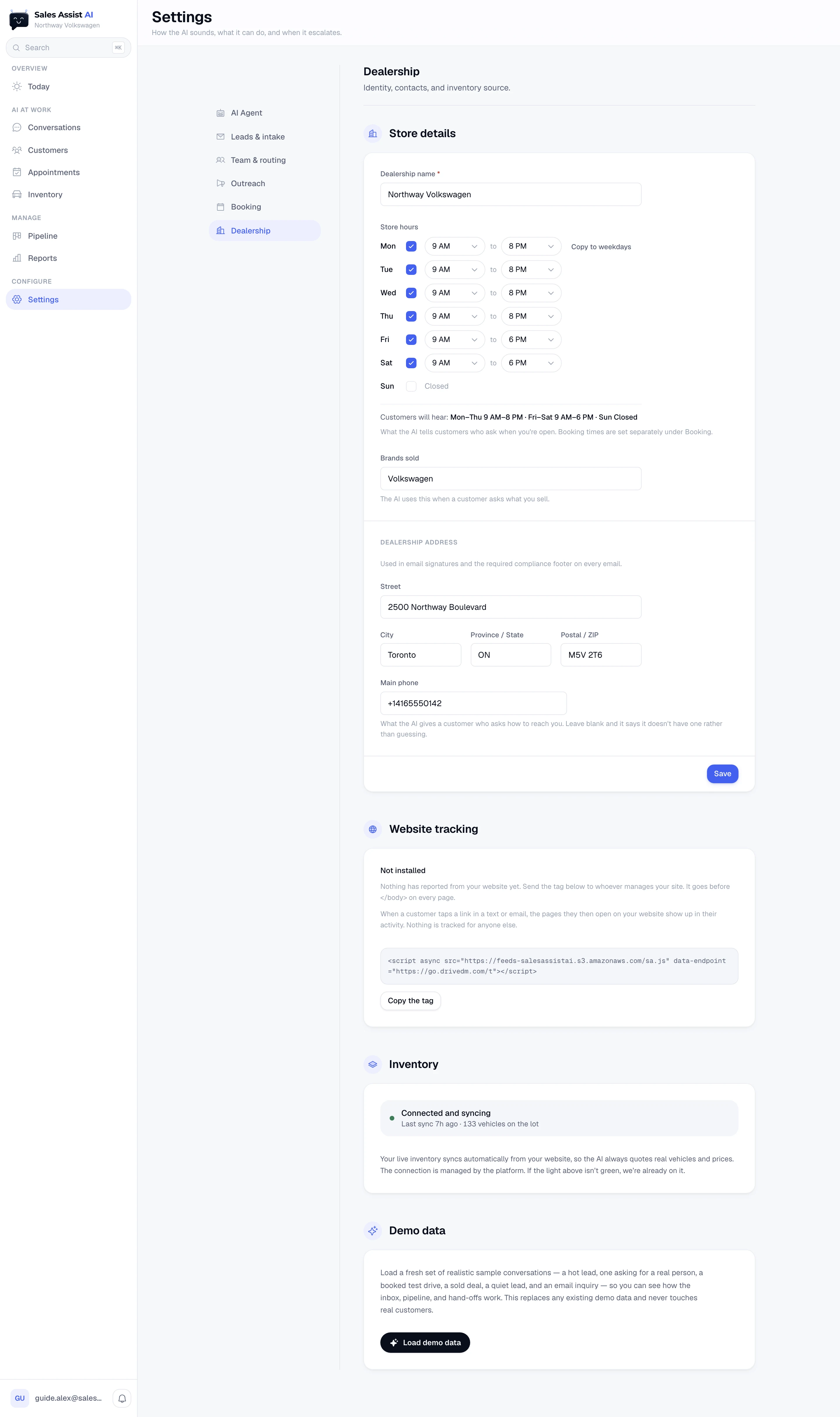 The Dealership settings page: name, store hours, brands sold, address, main phone, inventory, demo data