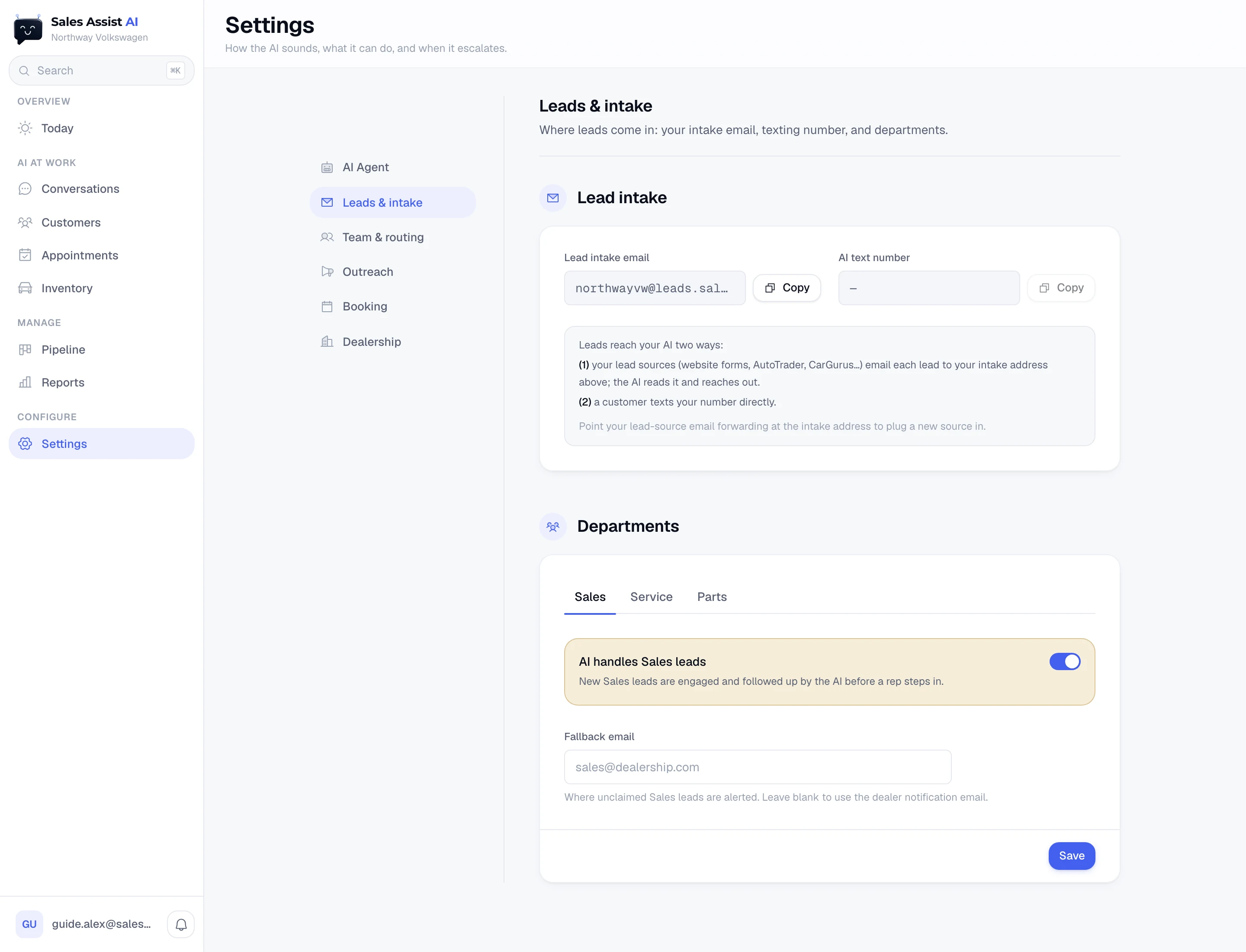 The Leads and intake settings page: intake email, AI text number, and the departments card