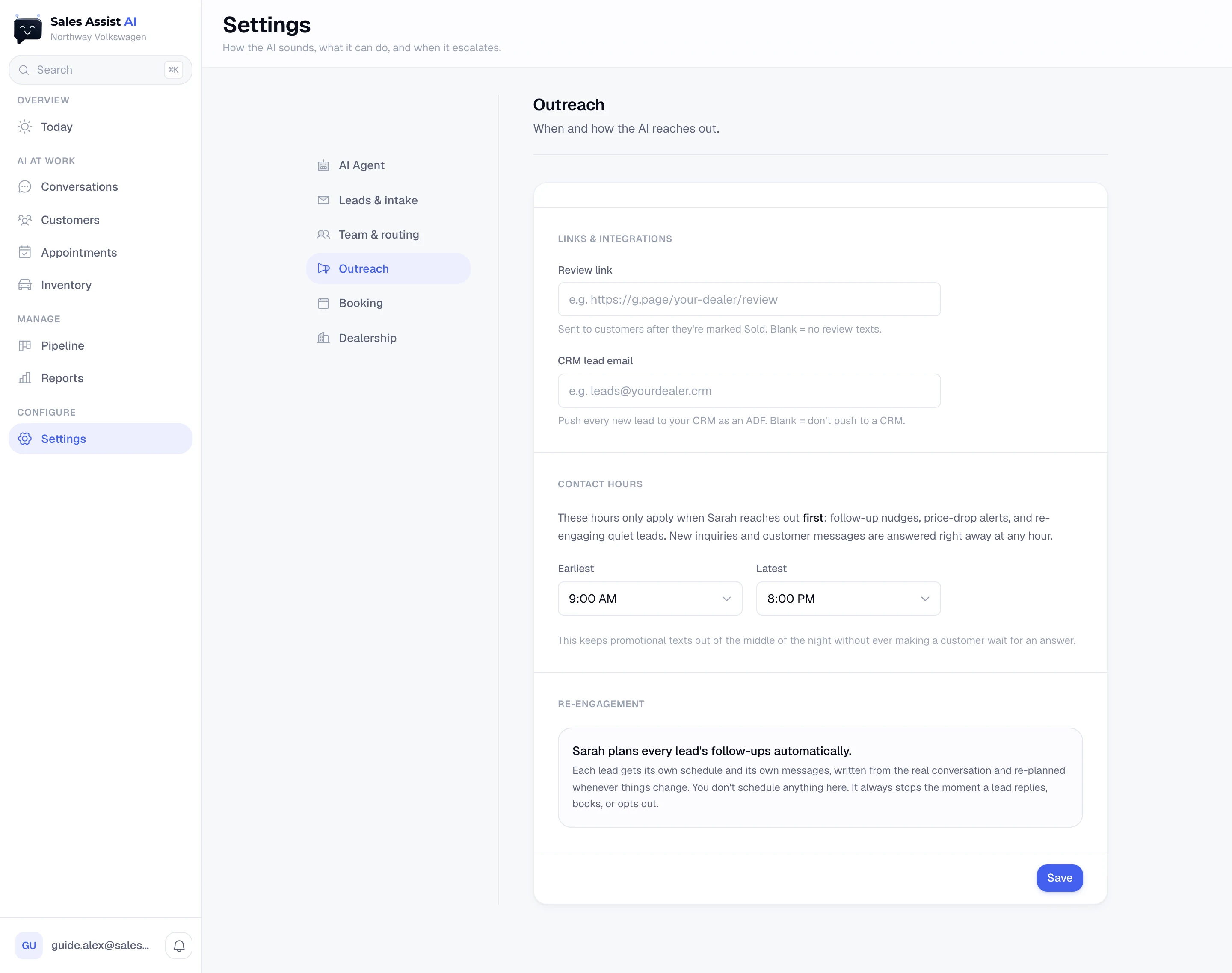 The Outreach settings page: review link, CRM lead email, contact hours, and re-engagement