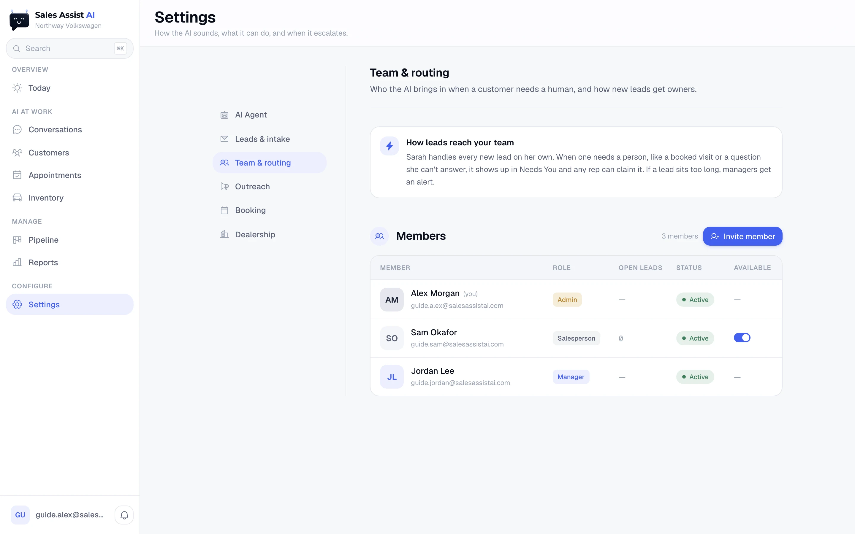 The Team and routing settings page: how leads reach your team, and the members roster with Invite member