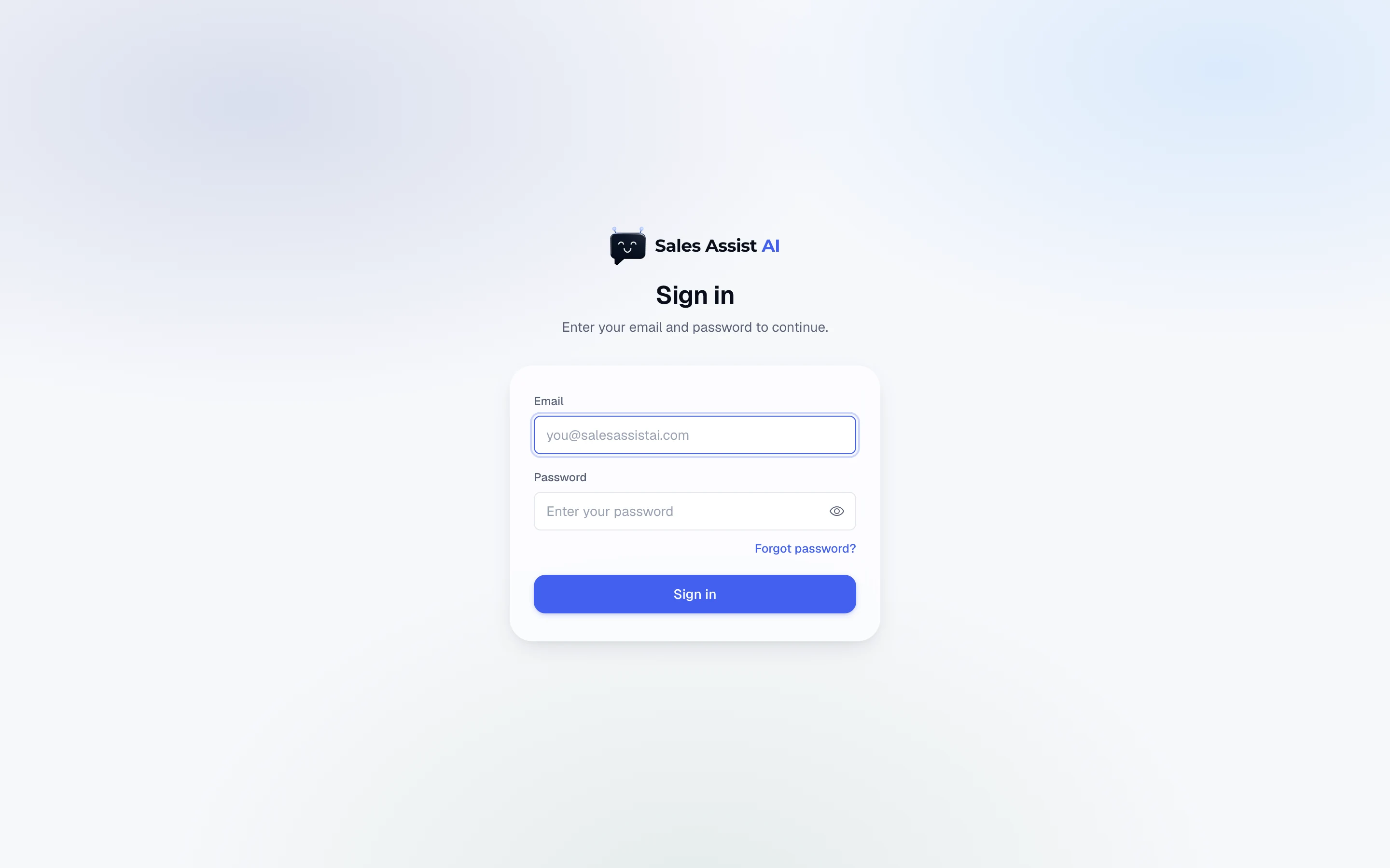 The sign-in screen: email, password, and a Forgot password link