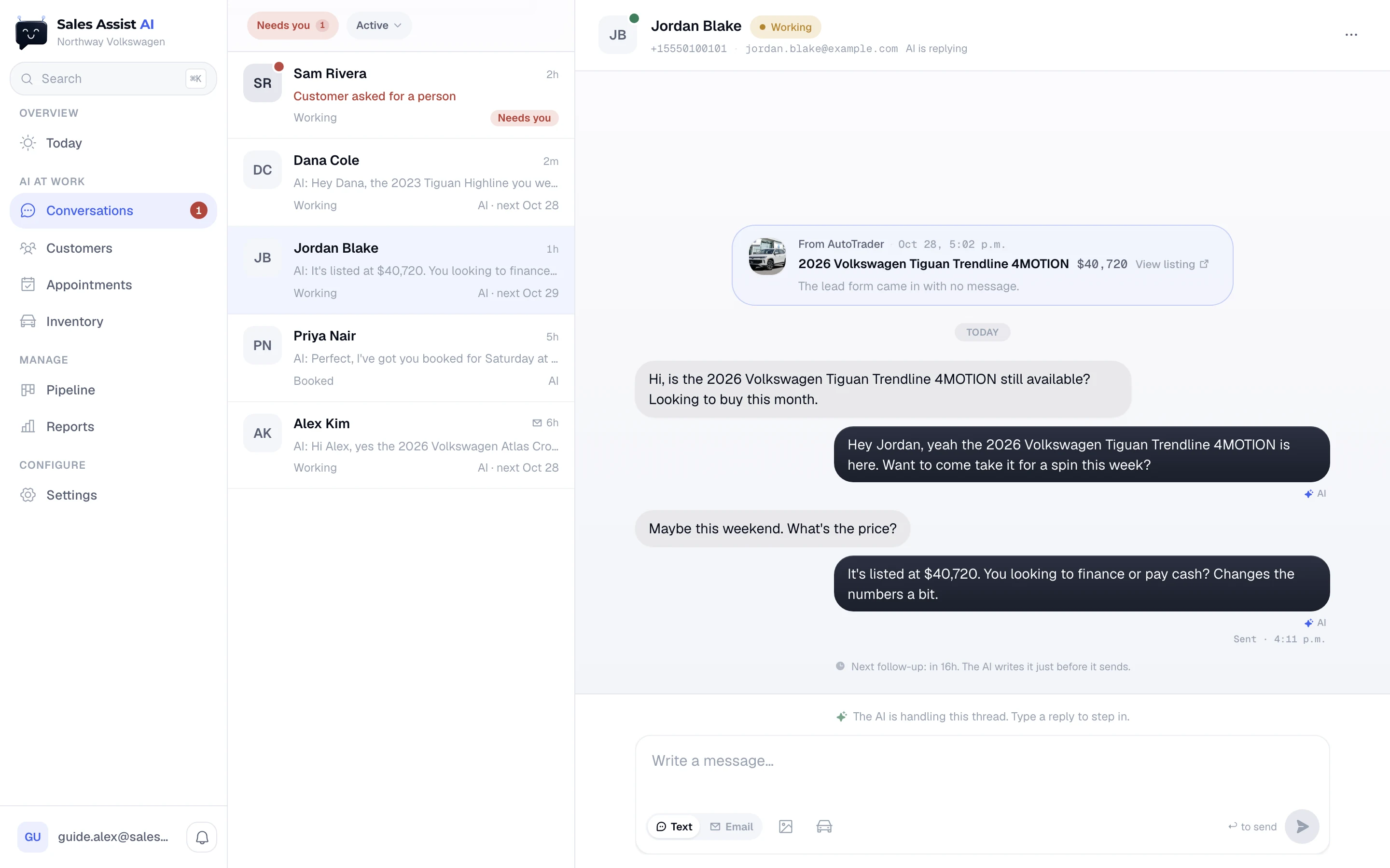 Conversations on a desktop: the thread list on the left, Jordan Blake's thread open on the right