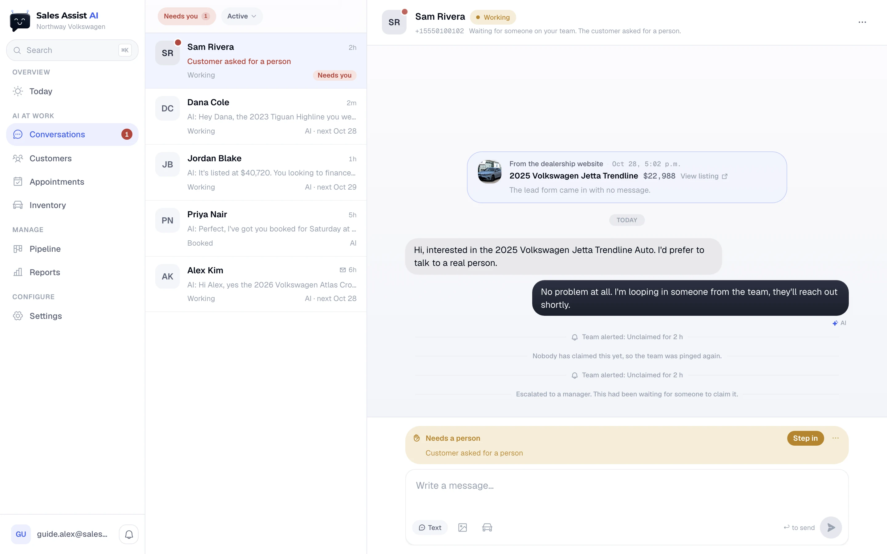 Sam Rivera's thread: the customer asked for a person, the AI looped in the team, the team was alerted twice, and the dock says Needs a person with a Step in button